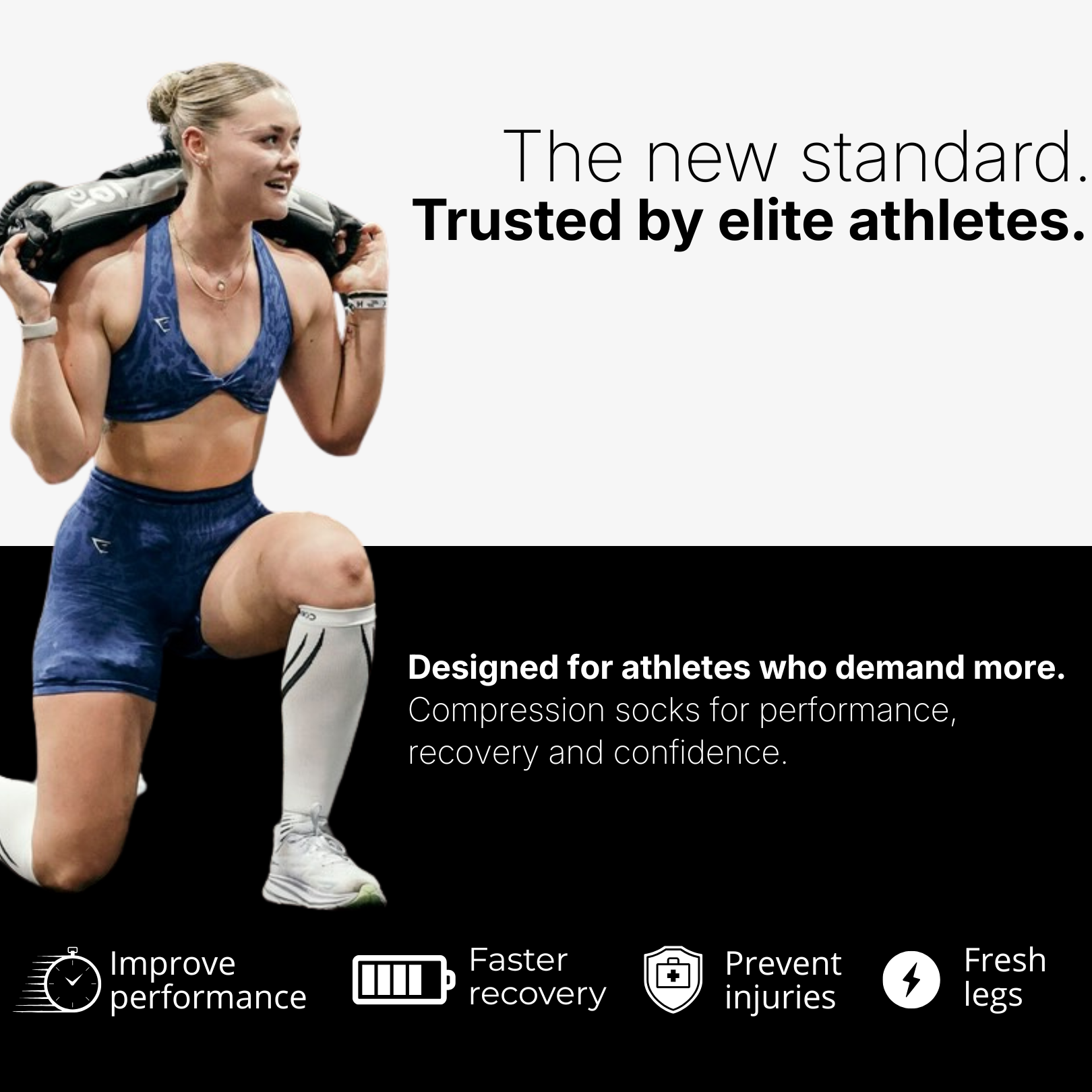 Woman in athletic wear with compression socks, text about elite athletes and product benefits.