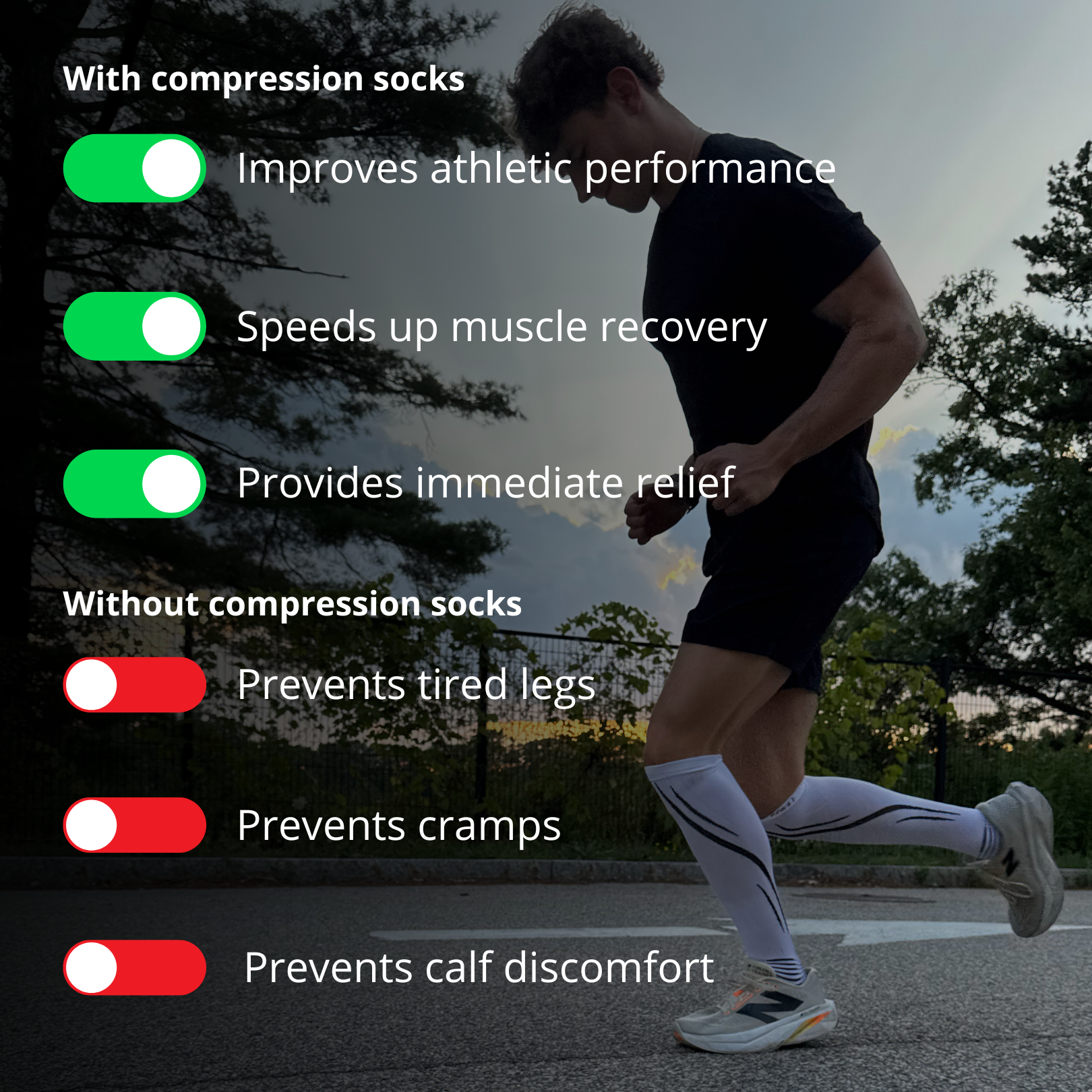 Person running outdoors with text about compression socks' benefits