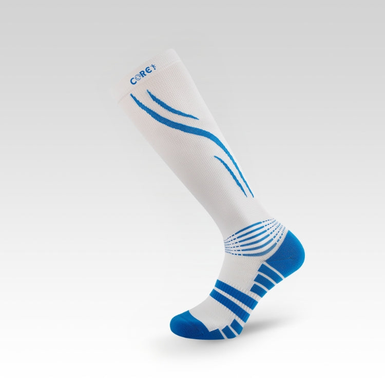 White knee-high sock with blue stripes on a light gray background