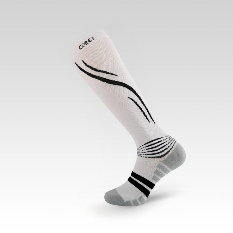 White knee-high sock with black stripes on a light gray background